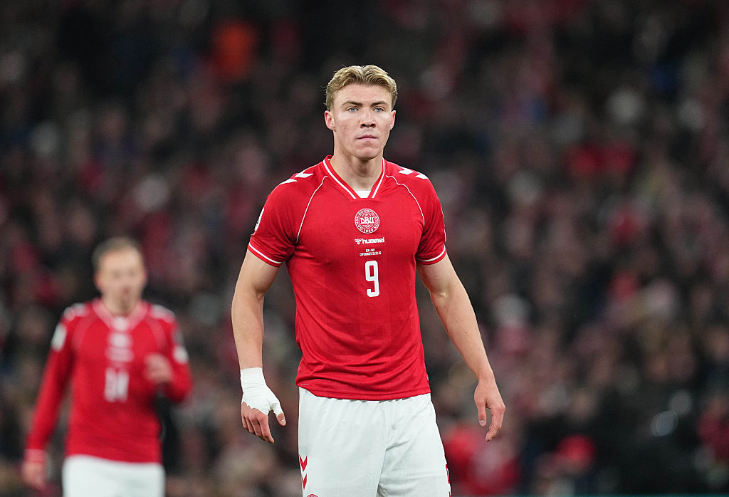 Rasmus Hojlund (Denmark) looks on during Semi-final FIFA World Cup Qualification: Denmark and North Macedonia at Parken Stadium, Copenhagen, Denmark on March 26 2026. (Photo by Ulrik Pedersen/NurPhoto via Getty Images)