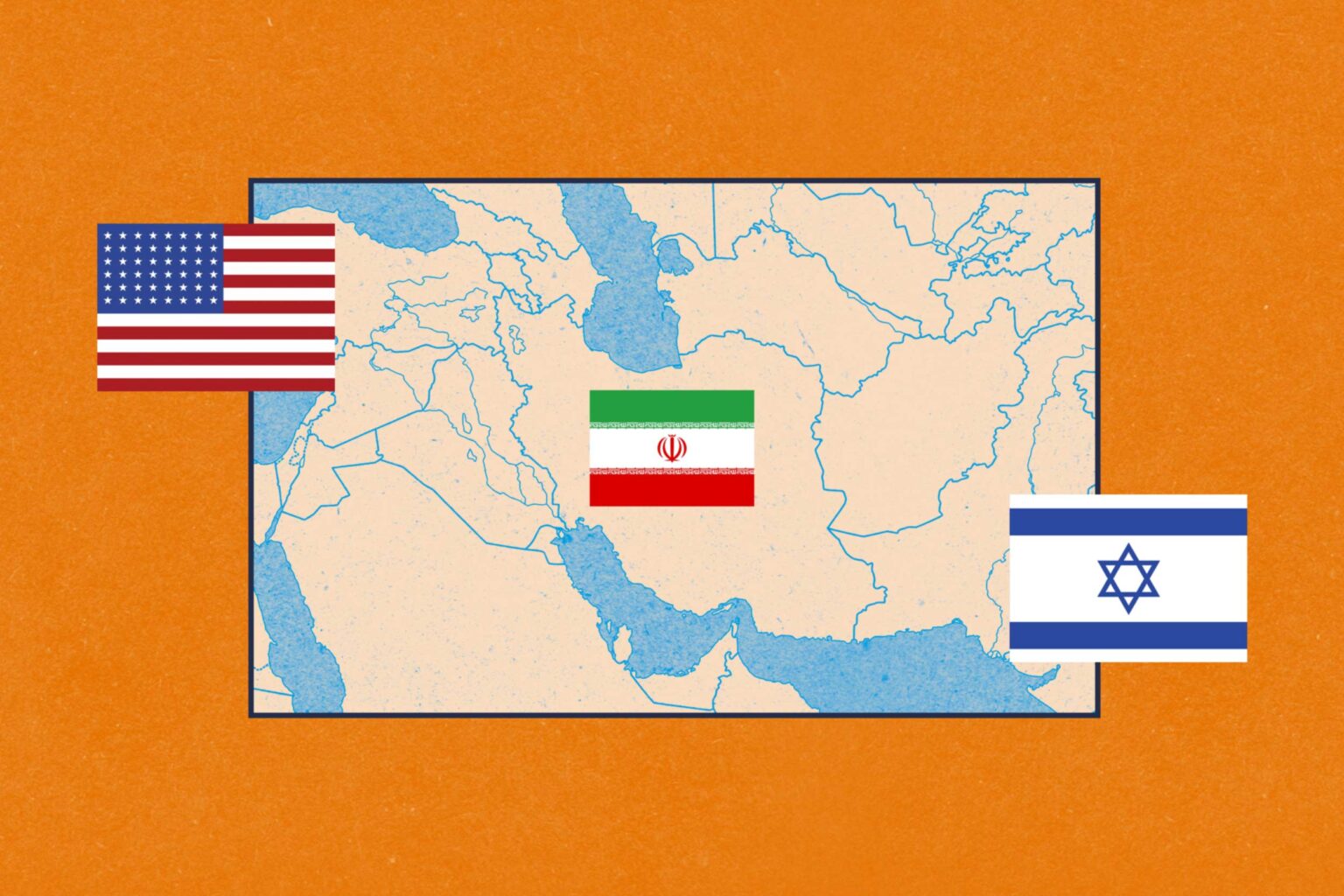 How might the US-Israel attacks on Iran reshape the region? Illustration of a map of the middle east overlayed with the flags of the United States, Iran and Israel