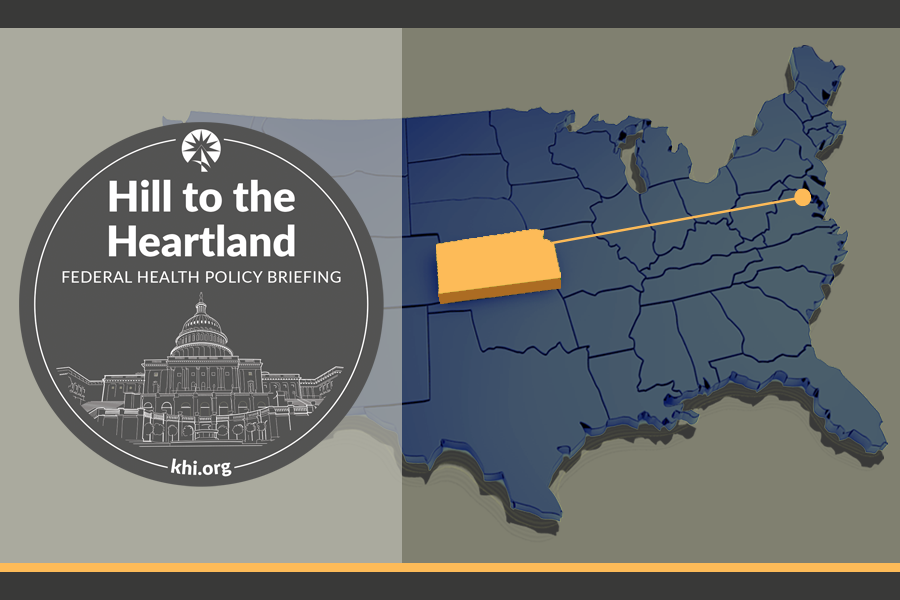 A graphic for the "Hill to the Heartland: Federal Health Policy Briefing" event by khi.org. The left side features a circular emblem with an illustration of the U.S. Capitol and the event title in bold white text on a dark background. The right side displays a 3D map of the United States in dark blue, highlighting a connection from Washington, D.C., to Kansas with an orange line and block.