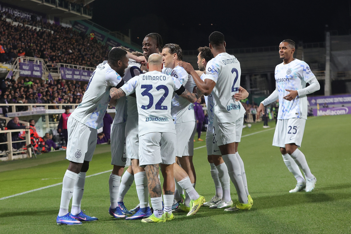 FLORENCE, ITALY - MARCH 22: Pio Esposito of FC Internazionale celebrates after scoring a goal during the Serie A match between ACF Fiorentina and FC Internazionale at Artemio Franchi on March 22, 2026 in Florence, Italy. (Photo by Gabriele Maltinti/Getty Images)