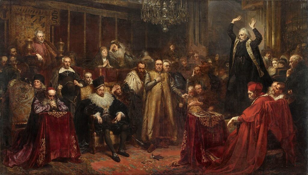 Jan Matejko (1838&ndash;1893), &ldquo;Skarga&rsquo;s Sermon,&rdquo; 1864. Jesuit Piotr Skarga (1536&ndash;1612) preaches at the court of Sigismund III (1566&ndash;1632), Credits.