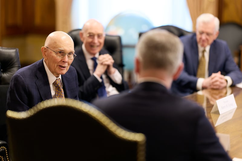 President Dallin H. Oaks, left, speaks with His Excellency Kristjan Prikk, Ambassador of Estonia to the United States.
