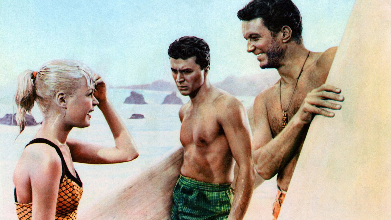 Gidget-Surfrider Beach from left: Sandra Dee, James Darren, Cliff Robertson, 1959
