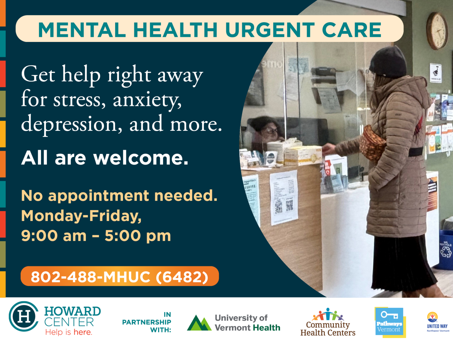 A person stands at a reception desk in a mental health urgent care center. Text offers help for stress, anxiety, and depression, with walk-in hours and a contact number.