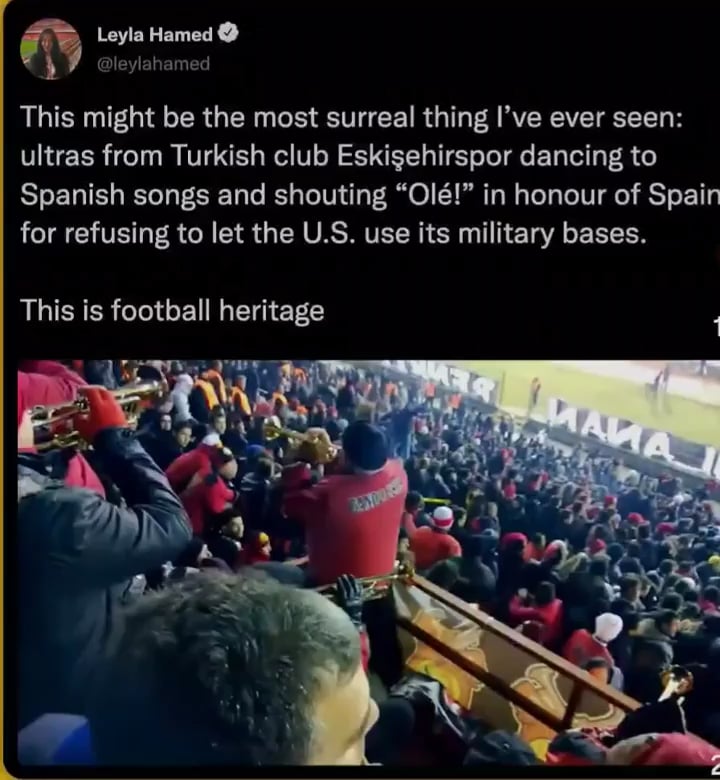 Turkish fans dancing to Spanish Song to thank Spains recent decision blocking US Military from their bases🎉👏