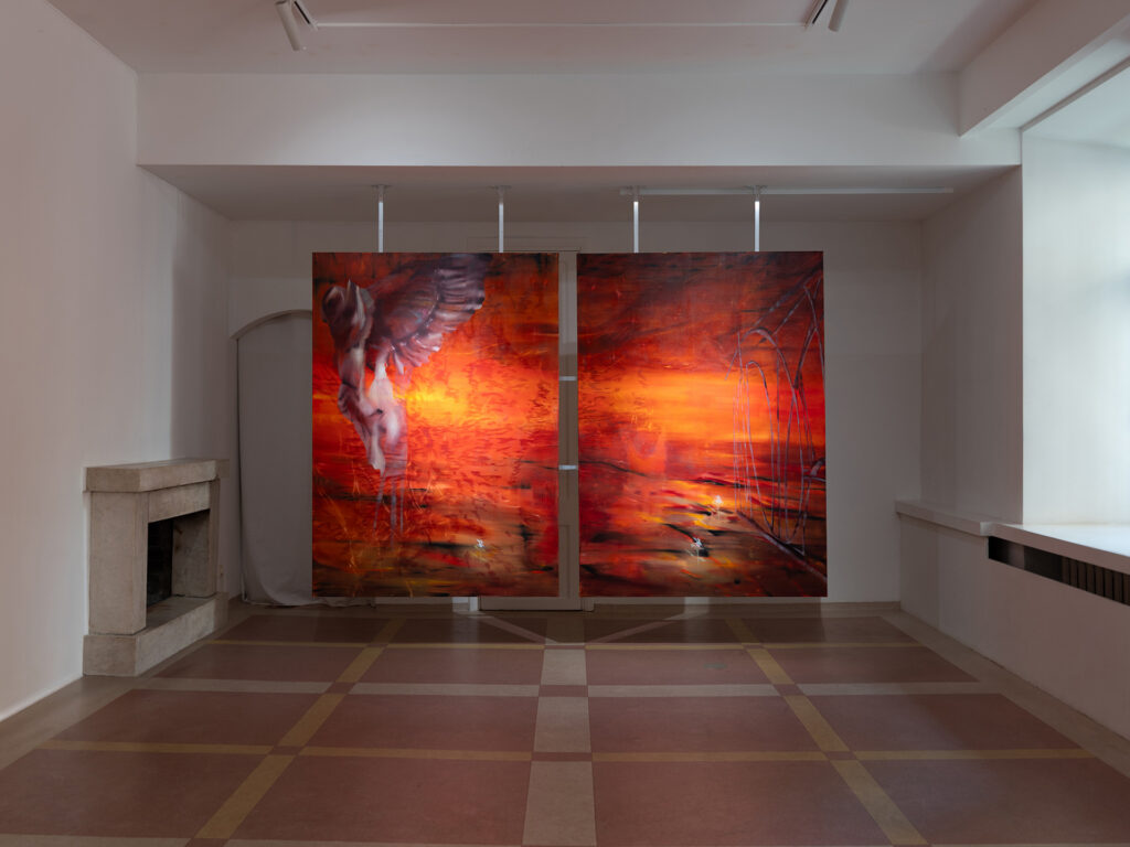 Mantas Valentukonis, “Gl(Azure) sky”, 2025, oil on canvas, 210 x 150 cm, diptych, Photo: Laurynas Skeisgiela. Courtesy of the artist