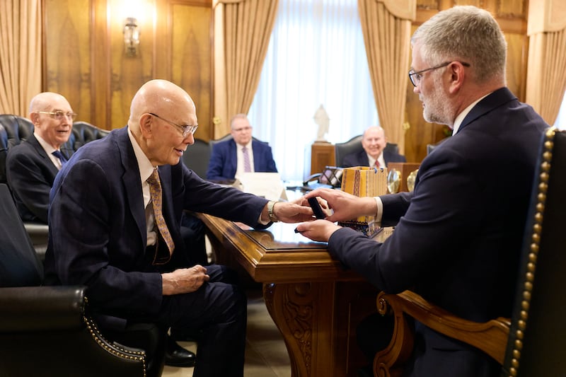 President Dallin H. Oaks, left, receives a gift from His Excellency Kristjan Prikk, the ambassador of Estonia to the United States in Salt Lake City on Friday, Feb. 27, 2026.