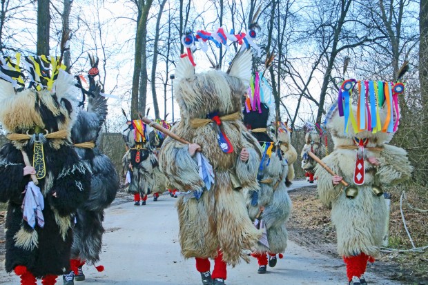 Scary but benevolent Kurents romp through the agricultural village of Spuhlja in northeastern Slovenia. (Photo by Norma Meyer)
