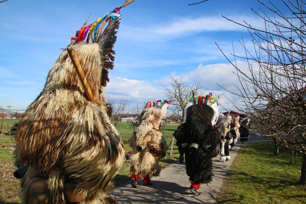 Imagine peering out your kitchen window and seeing this. These Kurents are doing house-to-house rounds in Spuhlja, Slovenia. (Photo by Norma Meyer)