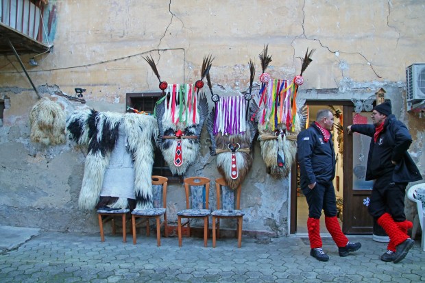 Different Kurent groups have staging hideouts (such as this one) in Ptuj where they don costumes before Kurentovanje events. (Photo by Norma Meyer)