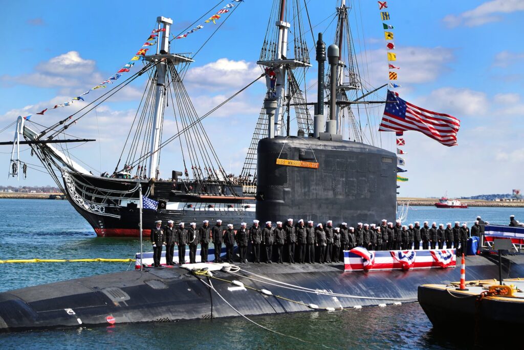 USS Massachusetts is America’s newest nuclear submarine The USS Constitution salutes the inaugural sailors of the USS Massachusetts who lined the topside of the sub at a ceremony held Saturday morning at the Conley Terminal to commission the nuclear-powered submarine.