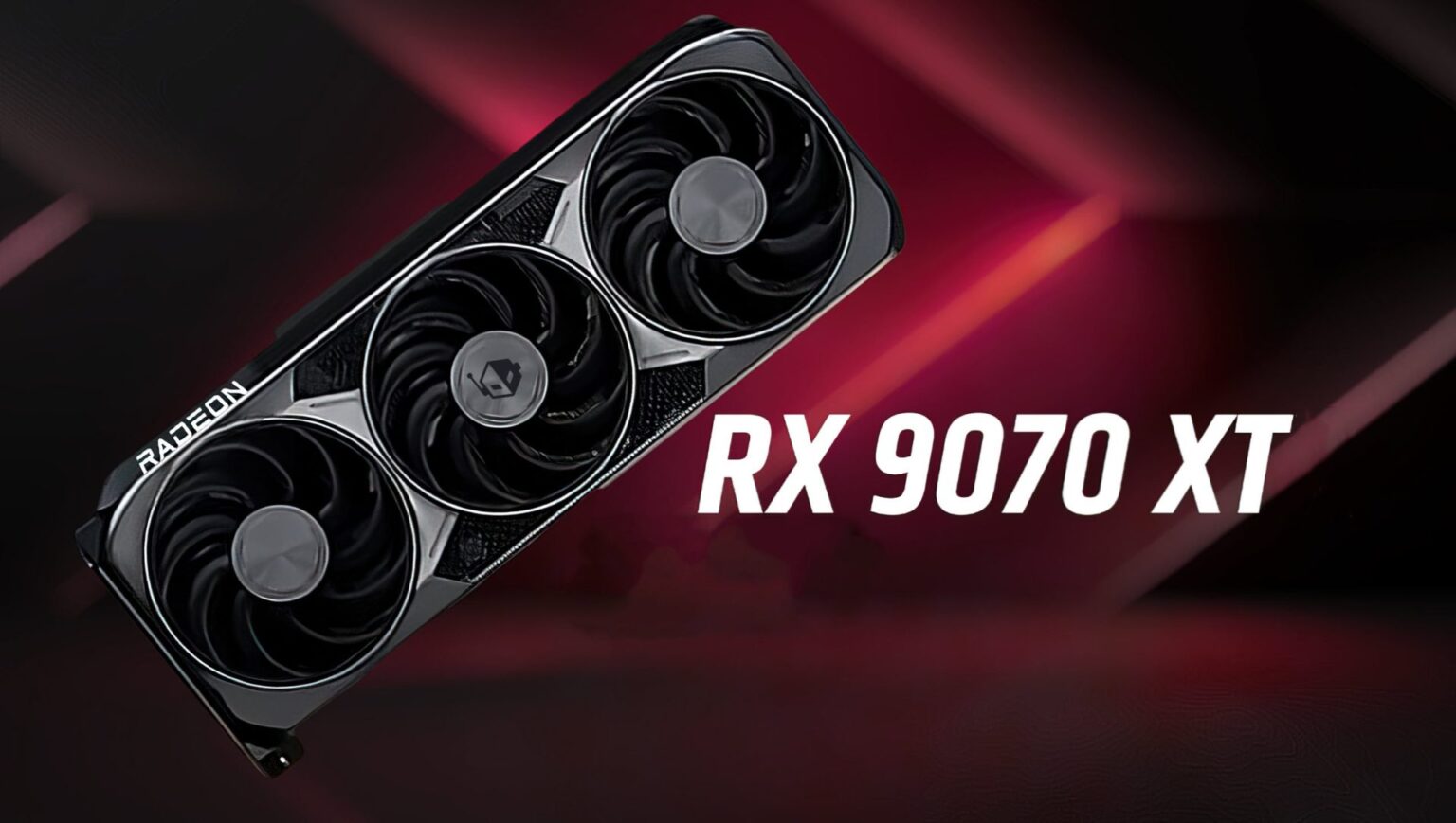 An AMD Radeon graphics card with triple fans is shown alongside the text 'RX 9070 XT' against a red background.