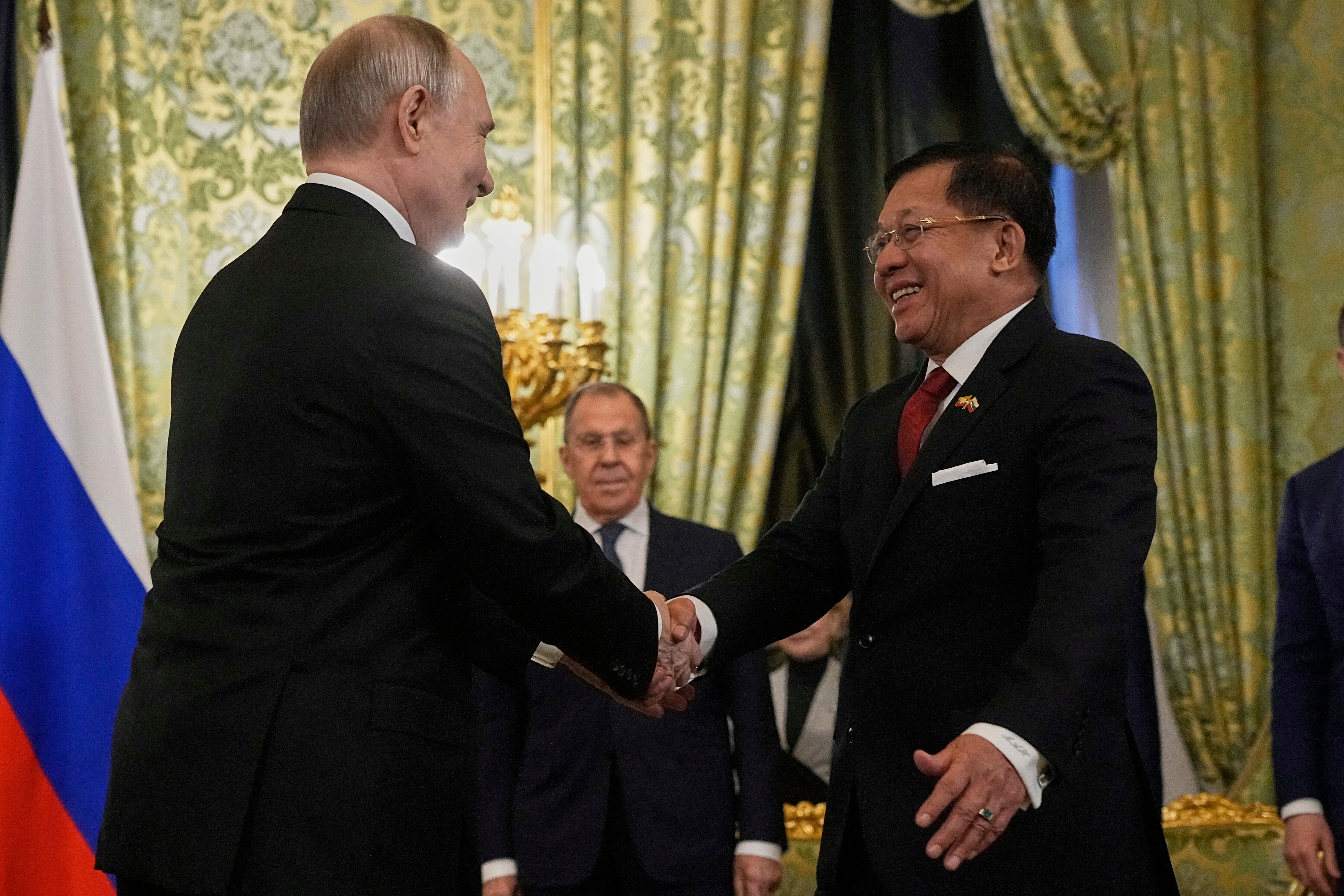 File: Myanmar's military chief Min Aung Hlaing meets Russian president Vladimir Putin at the Grand Kremlin Palace in Moscow