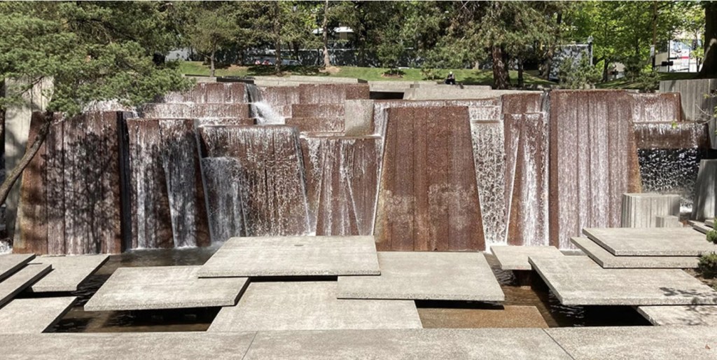 Keller Fountain Park sits directly across from Keller Auditorium, and many people think of the two as a package deal. The Halprin Landscape Conseratory, which supports the fountain, is propsing a complete remodel of Keller Auditorium rather than a new center at PSU. City of Portland photo.