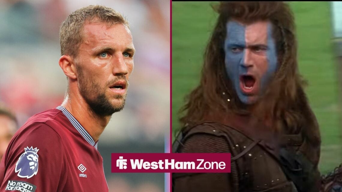 Tomas Soucek in action for West Ham, with William Wallace from Braveheart alongside him