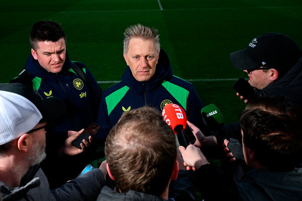 Head coach Heimir Hallgrimsson speaks to media, accompanied by communications manager Kieran Crowley before an Ireland training session at the FAI National Training Centre in Abbotstown, Dublin. Photo by Stephen McCarthy/Sportsfile