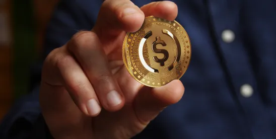 hand holding gold crypto coin; EU's MiCAR Brings Crypto Within EU Regulatory Framework