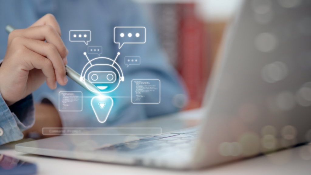 A child sits at a laptop computer, holding a stylus pen. An illustration on top of the image shows a robot with speech bubbles around its head.