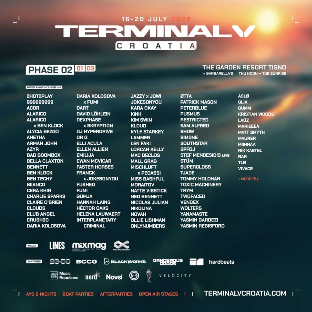 Terminal V Croatia 2026 festival lineup poster featuring Interplanetary Criminal and Len Faki.