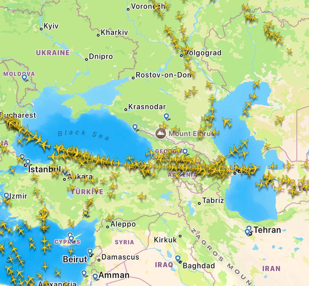 If anyone is friends with any Georgian air traffic controllers, buy them a nice bottle of wine. As guardians of pretty much the only narrow gap still available between Europe and Asia that avoids both Iran, the Gulf, Ukraine and Russia, they are under some substantial pressure.