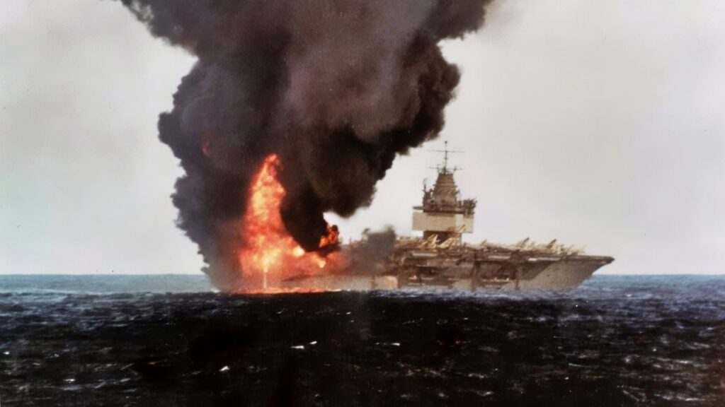 U.S. Navy Nuclear Aircraft Carrier on Fire: A Single Rocket Explosion Triggered 18 Blasts and Killed 28 Sailors on USS Enterprise USS Enterprise (CVN-65) Aircraft Carrier on Fire