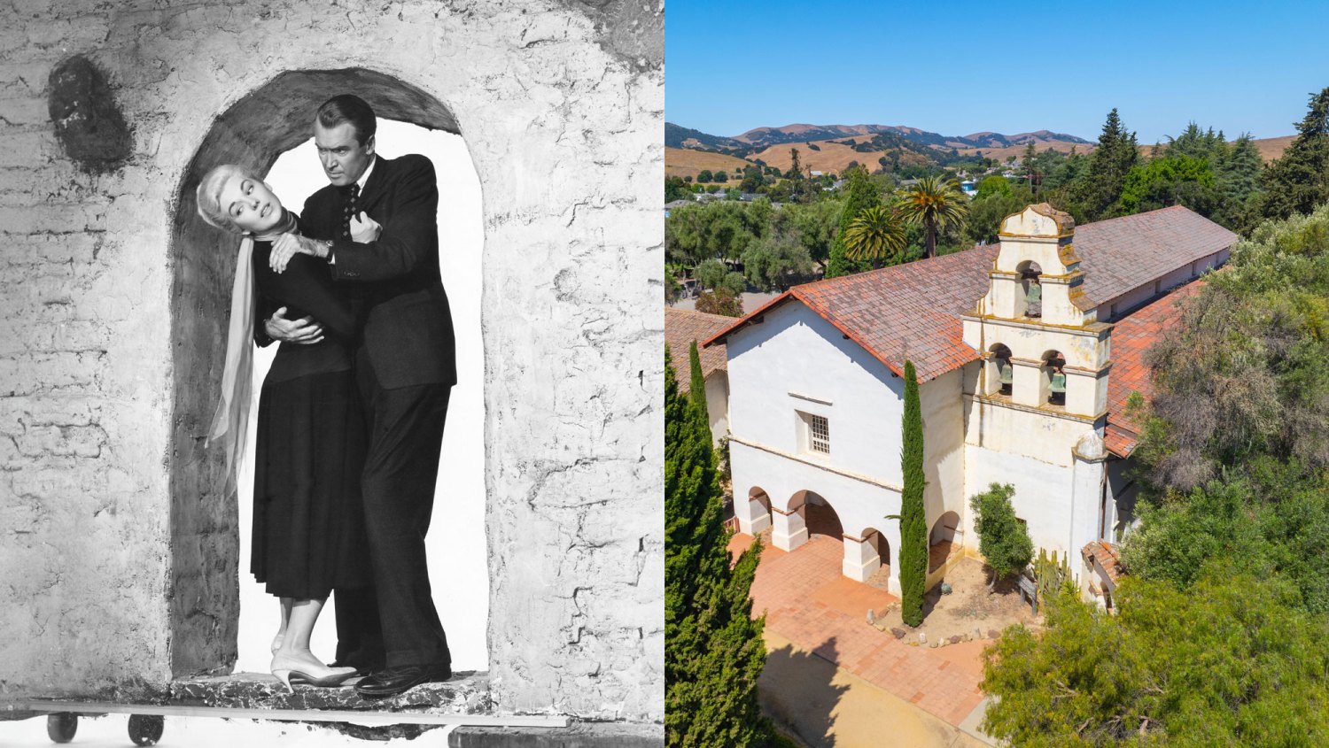 Vertigo Filming Location-Mission San Juan Bautista from left: Kim Novak, James Stewart, 1958