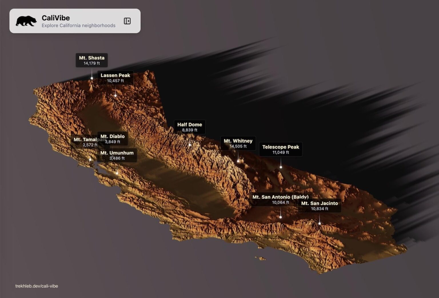 [OC] Interactive map of California counties and cities — population, crime rates, temperature, and 3D terrain