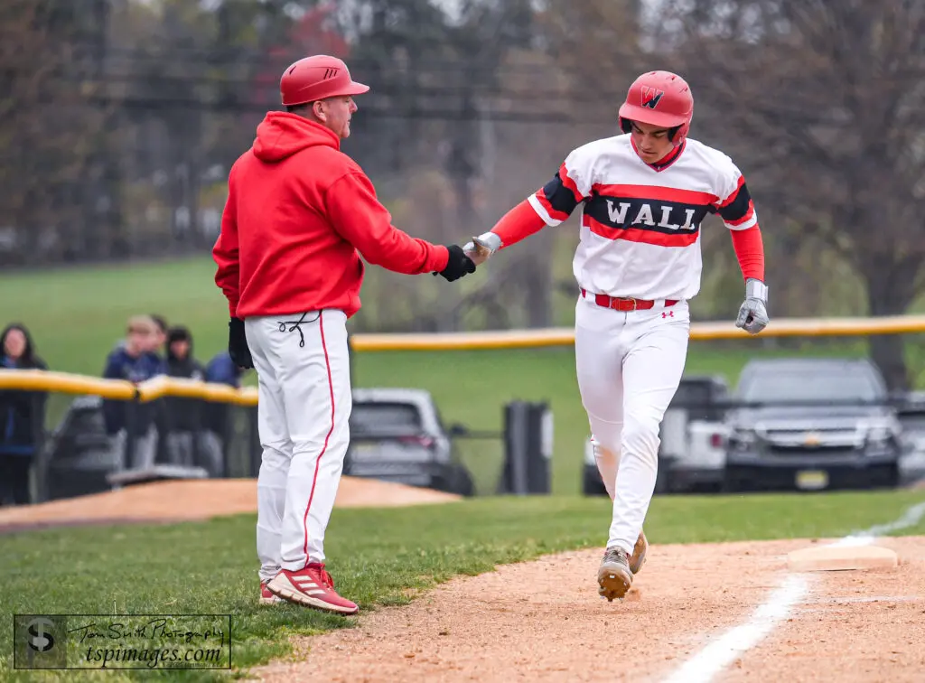 Wall John Catanio - Shore Sports Insider John Catanio gets congratulations from Wall head coach Jim Rochford after belting a home run vs. Southern during the 2025 regular season. (Photo: Tom Smith | tspsportsimages.com) - Wall John Catanio