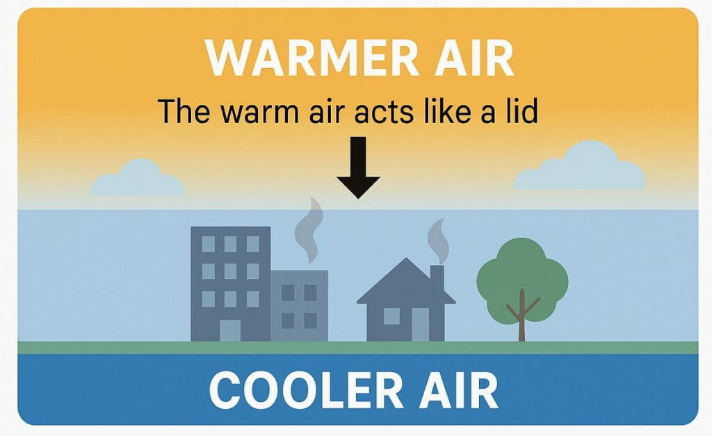 Graphic showing warmer air trapping cooler air near the surface of the earth.