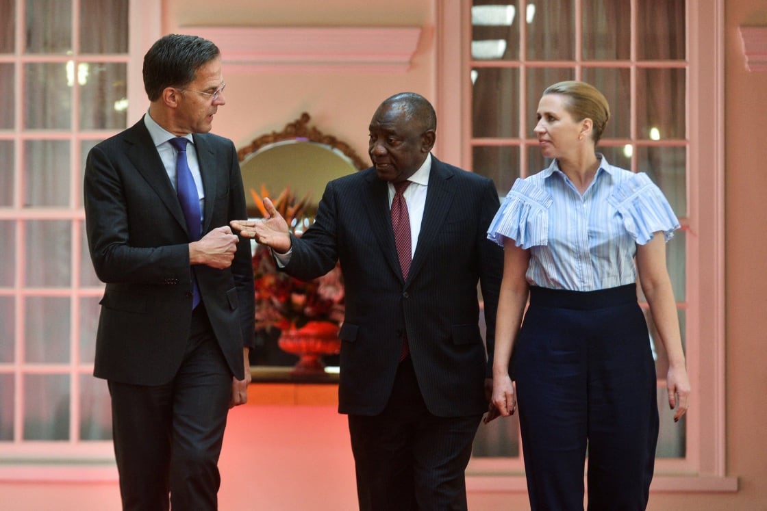 The Prime Minister of the Netherlands, Mark Rutte, President Cyril Ramaphosa and the Prime Minister of Denmark, Mette Frederiksen, arrive for the opening remarks for their official talks about green hydrogen, renewable energy and just energy transition  at the Sefako Makgatho presidential guesthouse in Pretoria.