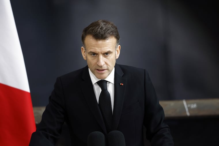 French President Emmanuel Macron delivers a speech next to the submarine 'Le Temeraire' (The Temerarious) at the Nuclear submarines Navy base of Ile Longue in Crozon, France, Monday March 2, 2026.