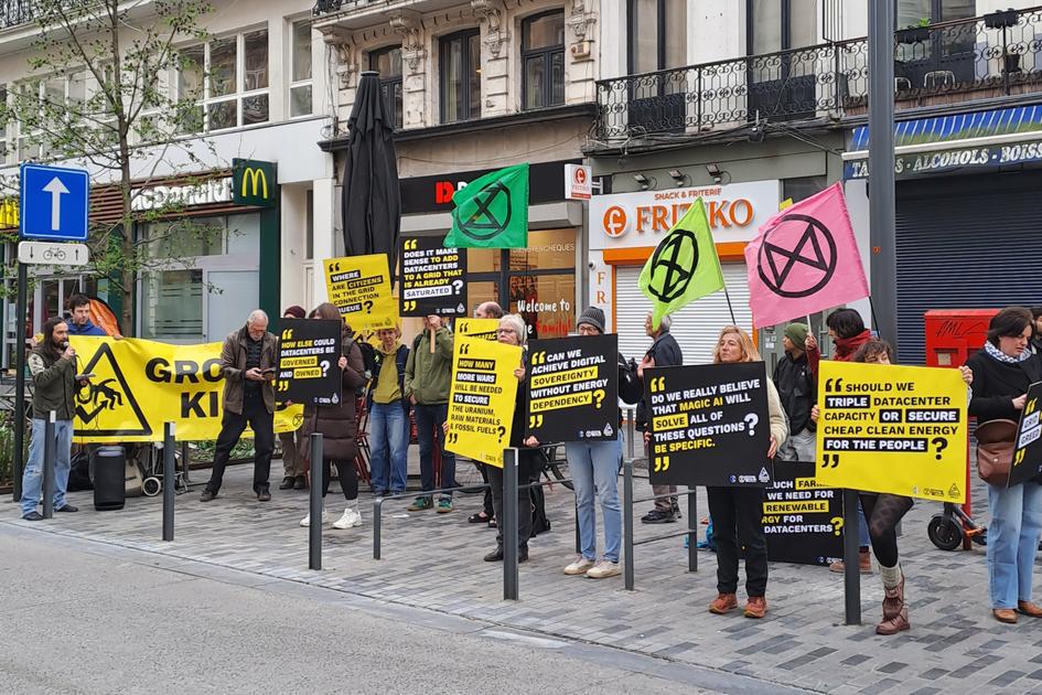 Activists protest in the heart of Brussels against permits for data centers