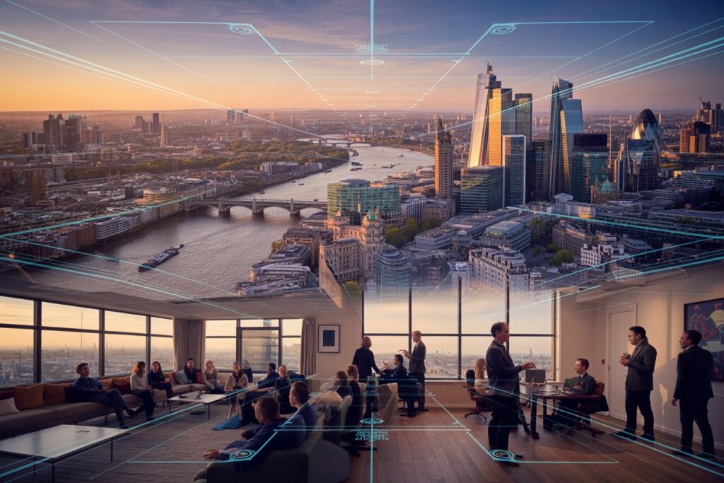 Ultra-detailed composite showing london skyline, short-term rental interiors, global conference networking, digital technology overlays, vibrant colours, cinematic lighting, dynamic perspective, no text or logos