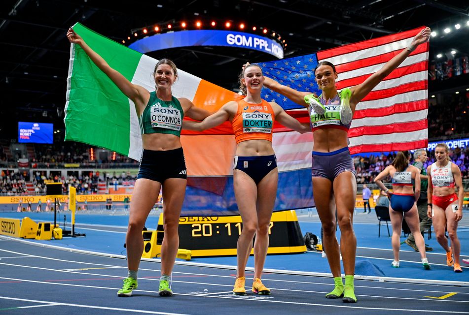 Women's Pentathlon medallists, from left, third place Kate O'Connor of Ireland, first place Sofie Dokter of Netherlands and third place Anna Hall of United States during day three of the World Athletics Indoor Championships at Kujawsko-Pomorska Arena in Torun, Poland. Photo: Sam Barnes/Sportsfile