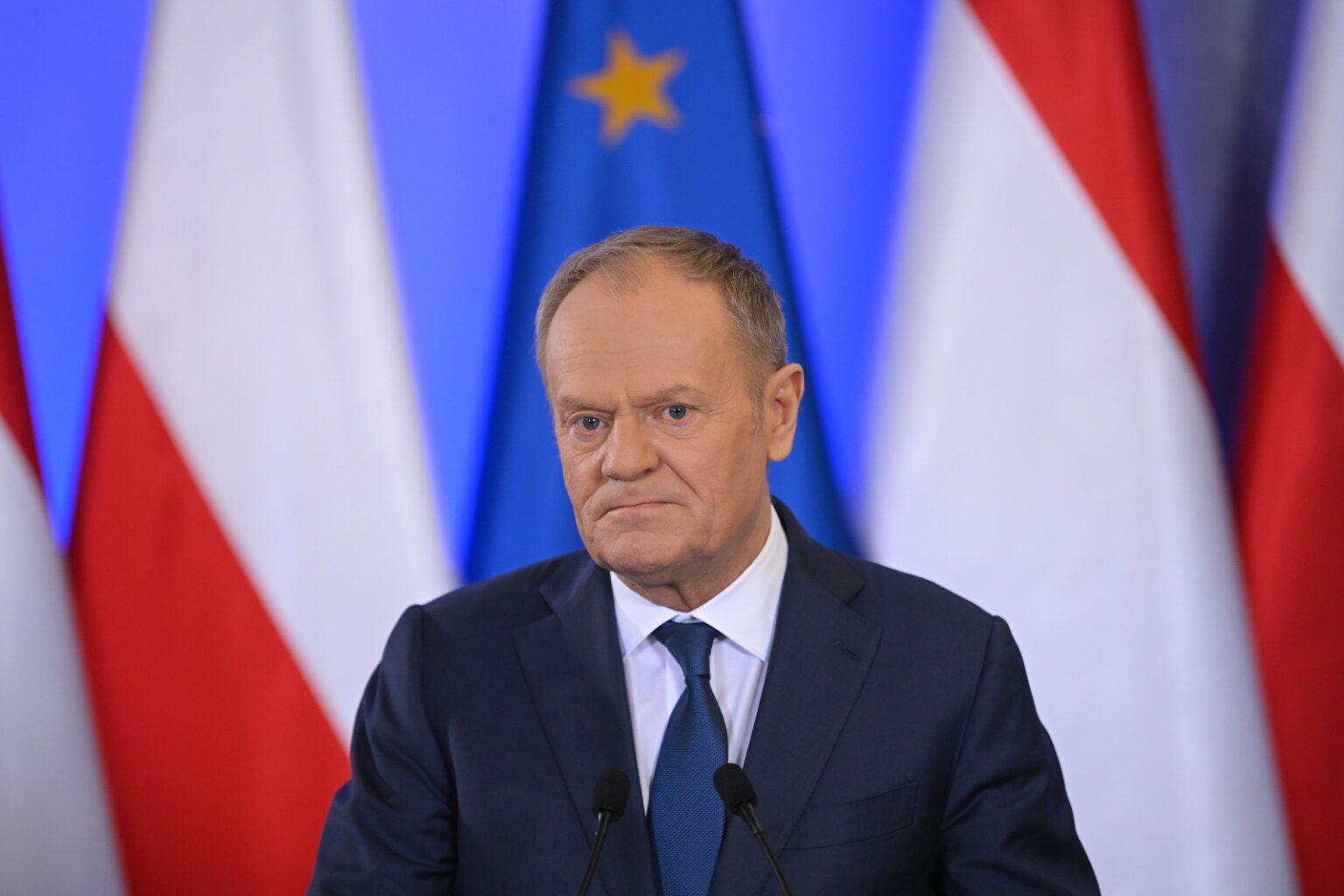 Polish Prime Minister Donald Tusk speaking at a press conference in Warsaw on Monday, March  9, 2026.