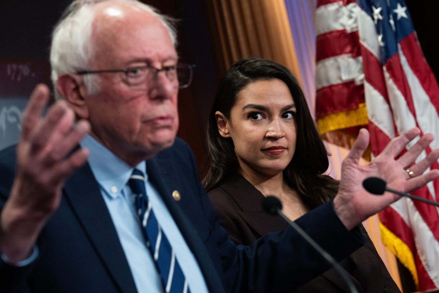 Sen. Bernie Sanders, I-Vt., and Rep. Alexandria Ocasio-Cortez, D-N.Y., conduct a news conference to announce their artificial intelligence data center bill in the Capitol on Wednesday.