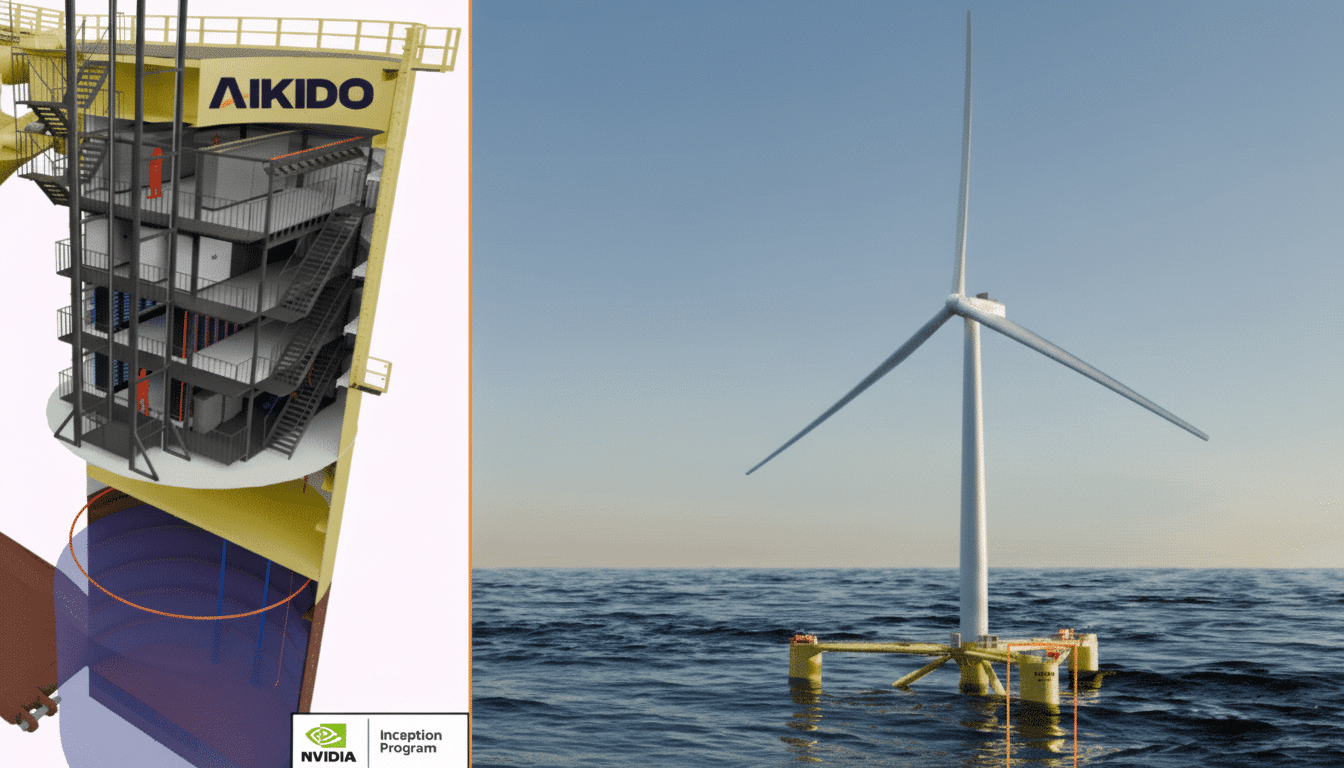 A split image showing a detailed cross-section of a yellow offshore platform labeled AIKIDO on the left, revealing internal structures and stairs. On the right, a floating offshore wind turbine with three blades is depicted in the ocean under a clear sky.