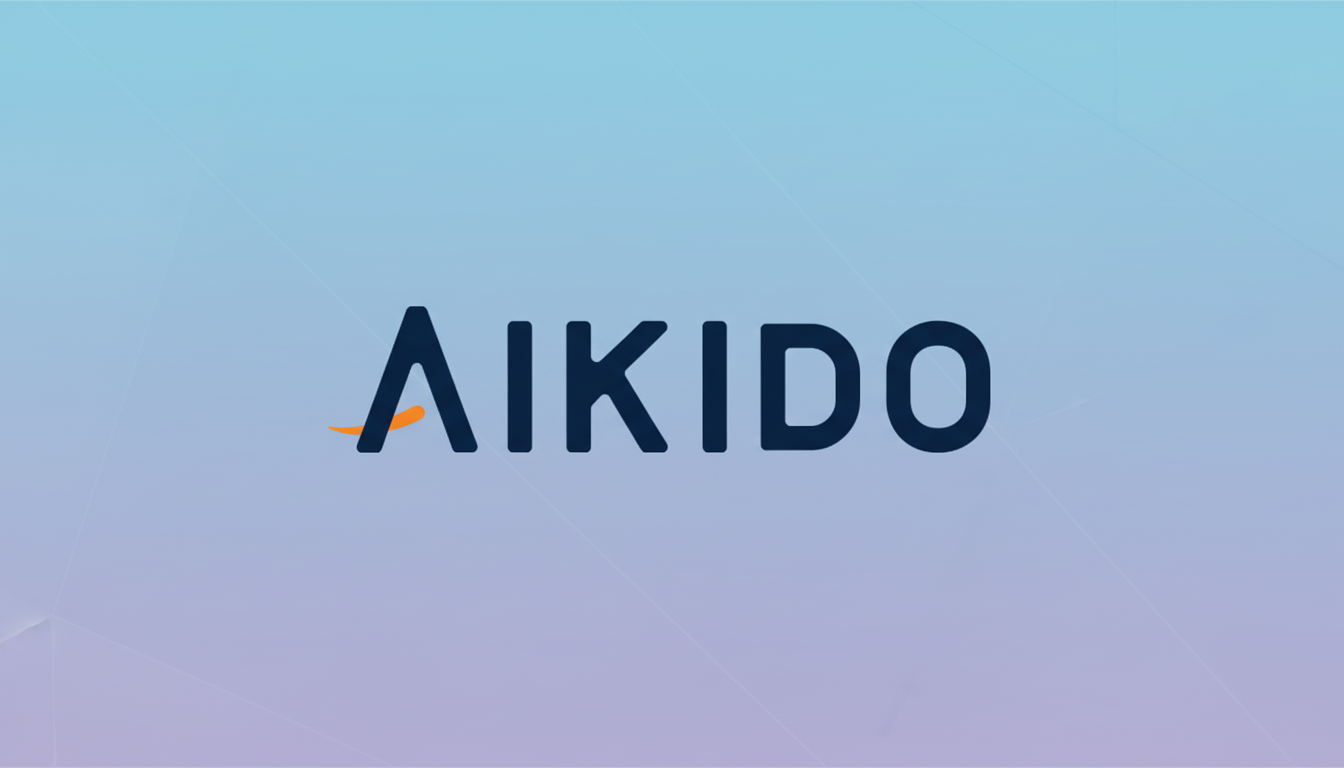 The AIKIDO logo, featuring dark blue text with an orange swoosh under the A, set against a professional flat design background with a soft blue and purple gradient and subtle geometric patterns.