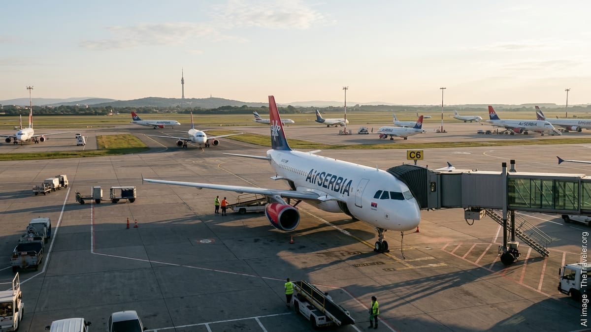Air Serbia aircraft at Belgrade airport gate at sunrise with busy apron activity.