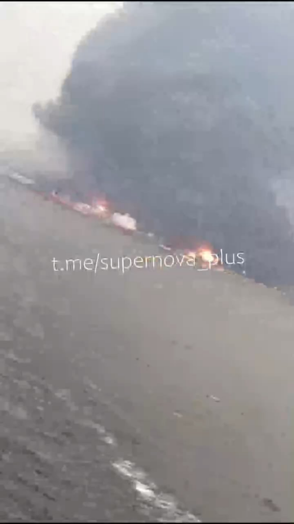 Multiple ships and port facilities are shown burning at the Russian port of Ust-Luga after it was hit by Ukrainian drones yesterday - March 2026
