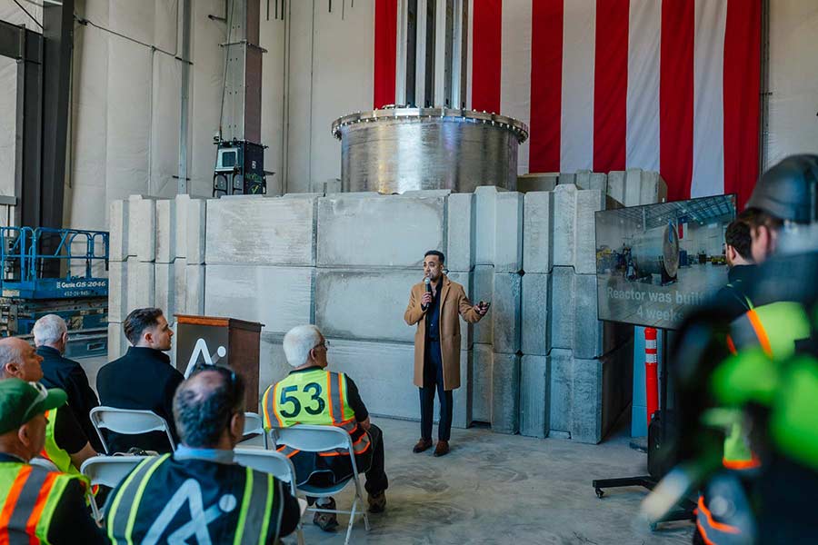 Aalo Atomics CTO Yasir Arafat delivering his remarks during the unveiling of its reactor Thursday morning. | Courtesy Jennefer Traeger