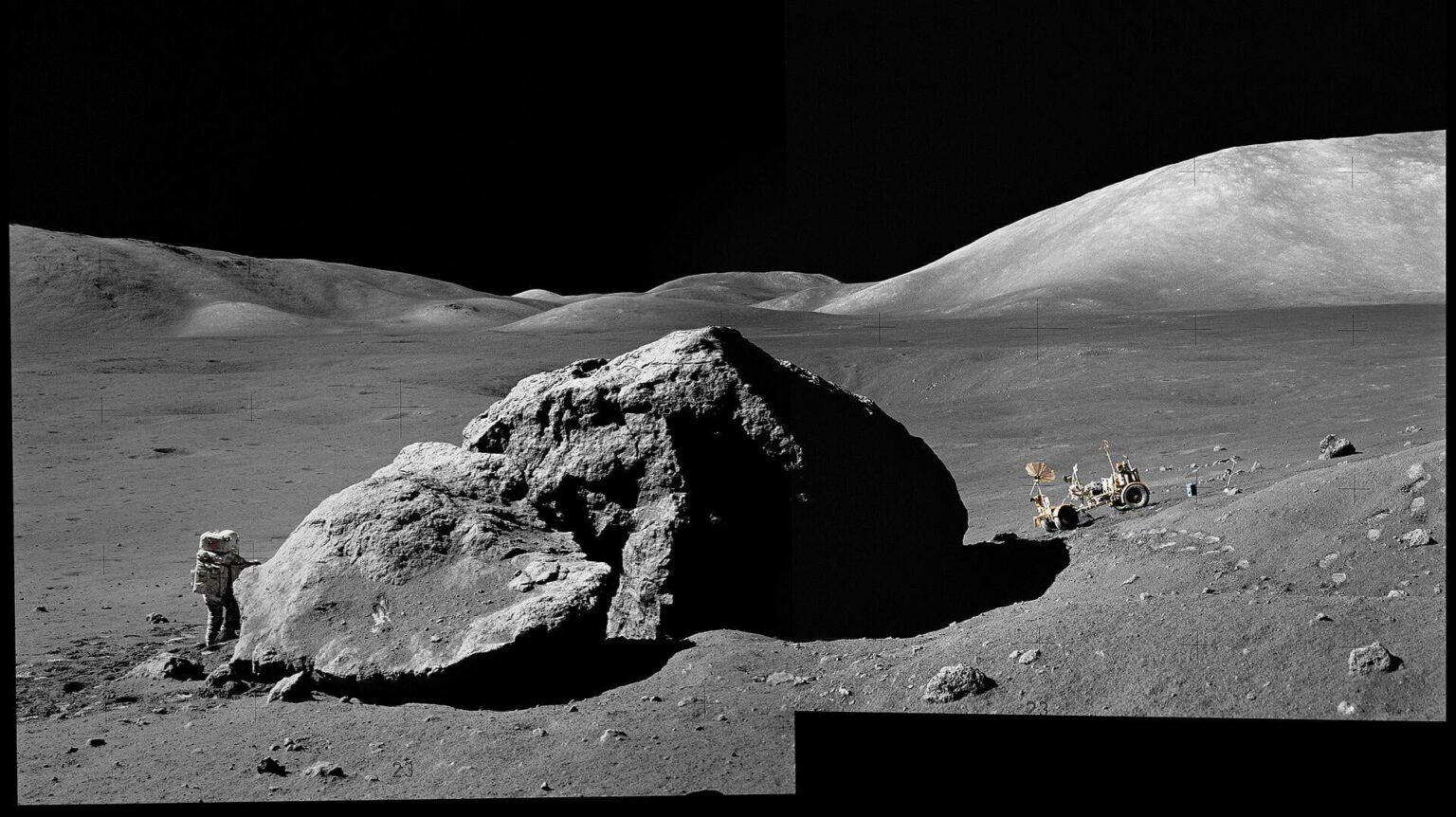Astronaut Harrison Schmitt and Lunar Module Dwarfed by Moon Rock from the Apollo 17 mission
