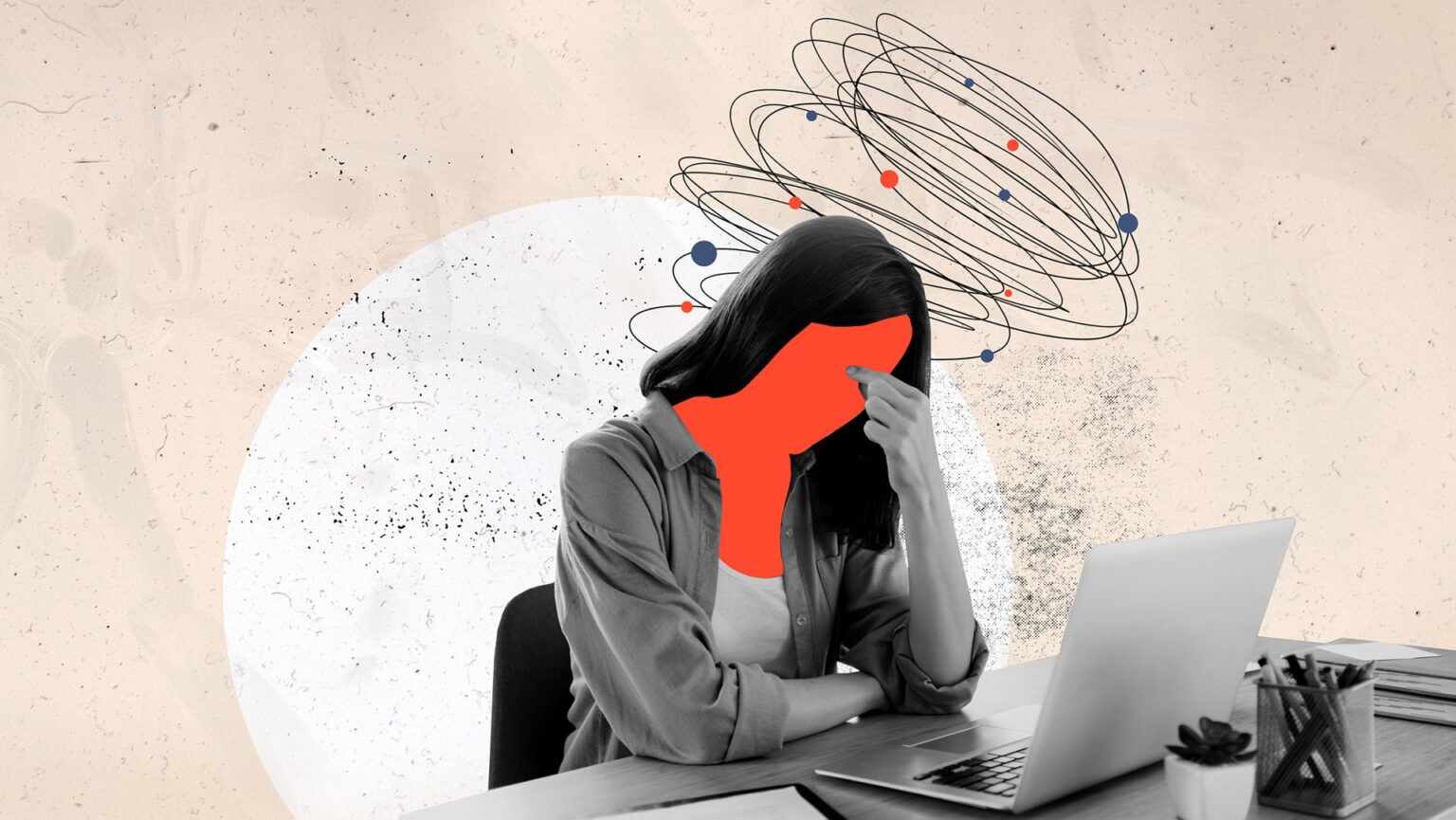 Swamped with decisions to make, managers turn to AI A black and white photo of a woman sat in front of a laptop with her hand grasping the bridge of her nose, her face obscured by a solid red silhouette to represent stress and quiet quitting. Above her, a drawing of a scribble with red and blue circles also represents stress and behind her, a stylized background of tan colour with a white circle can be seen.