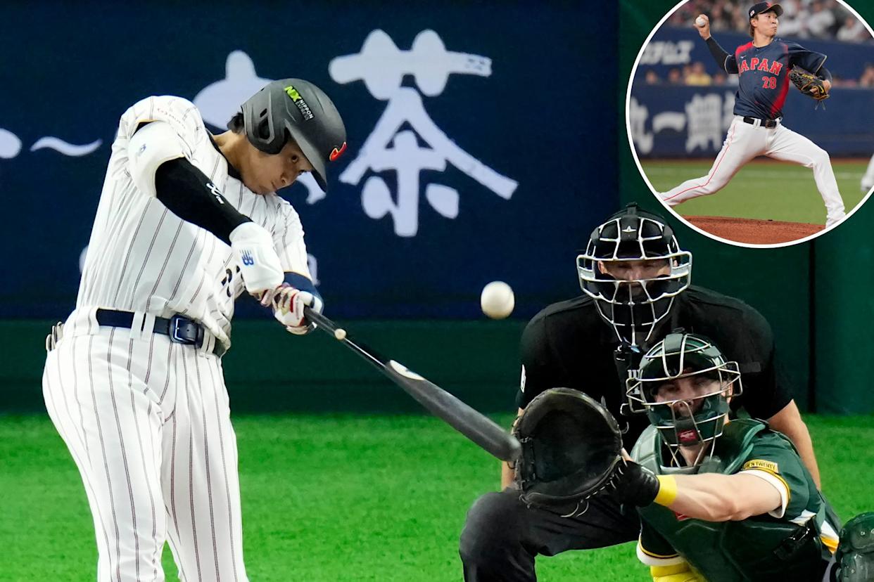 An image collage containing 2 images, Image 1 shows A baseball batter from Japan hitting the ball, with an umpire and catcher watching closely during the 2026 World Baseball Classic, Image 2 shows Hiroto Takahashi of Japan pitching during a World Baseball Classic exhibition game