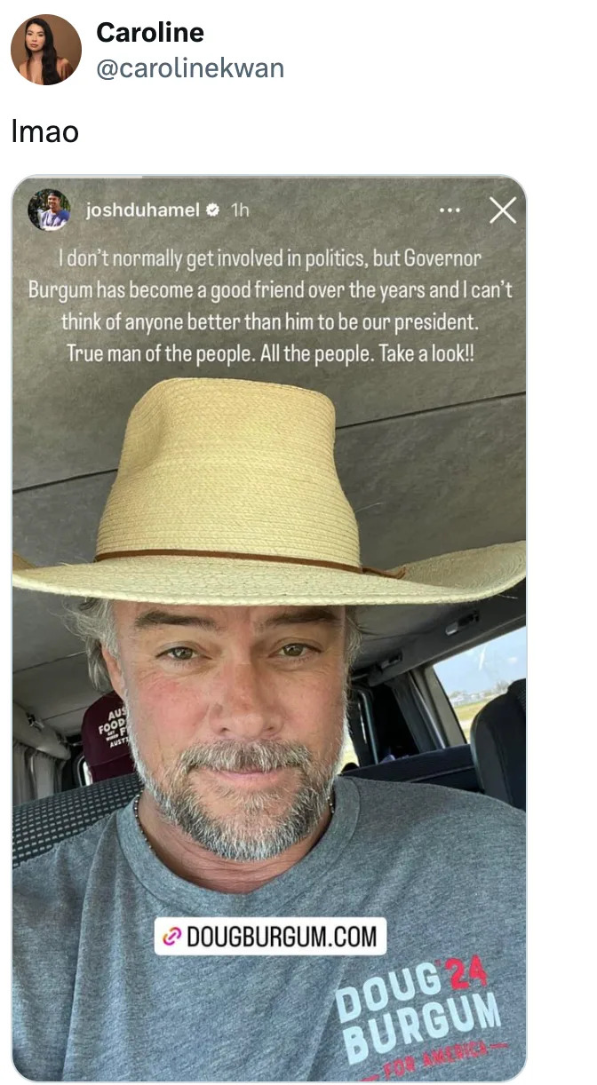 Man in a cowboy hat endorses Doug Burgum for president, stating he's a true man of the people