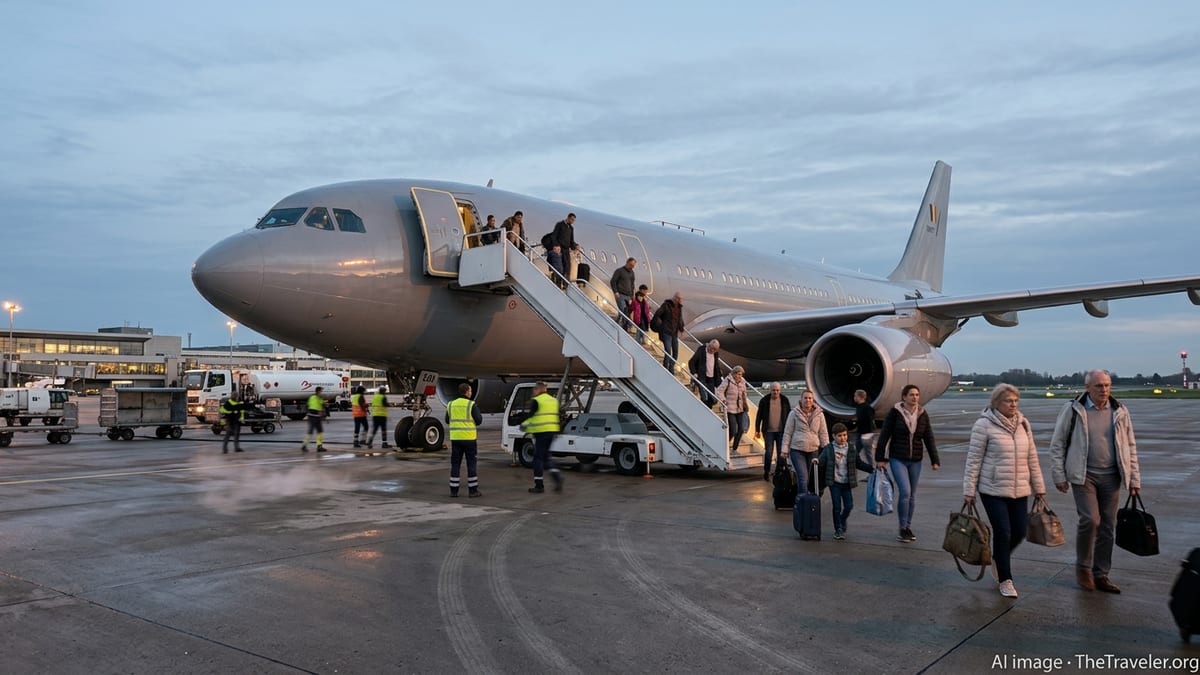 Evacuated passengers from the Gulf disembark a Belgian military jet at dusk in Brussels.