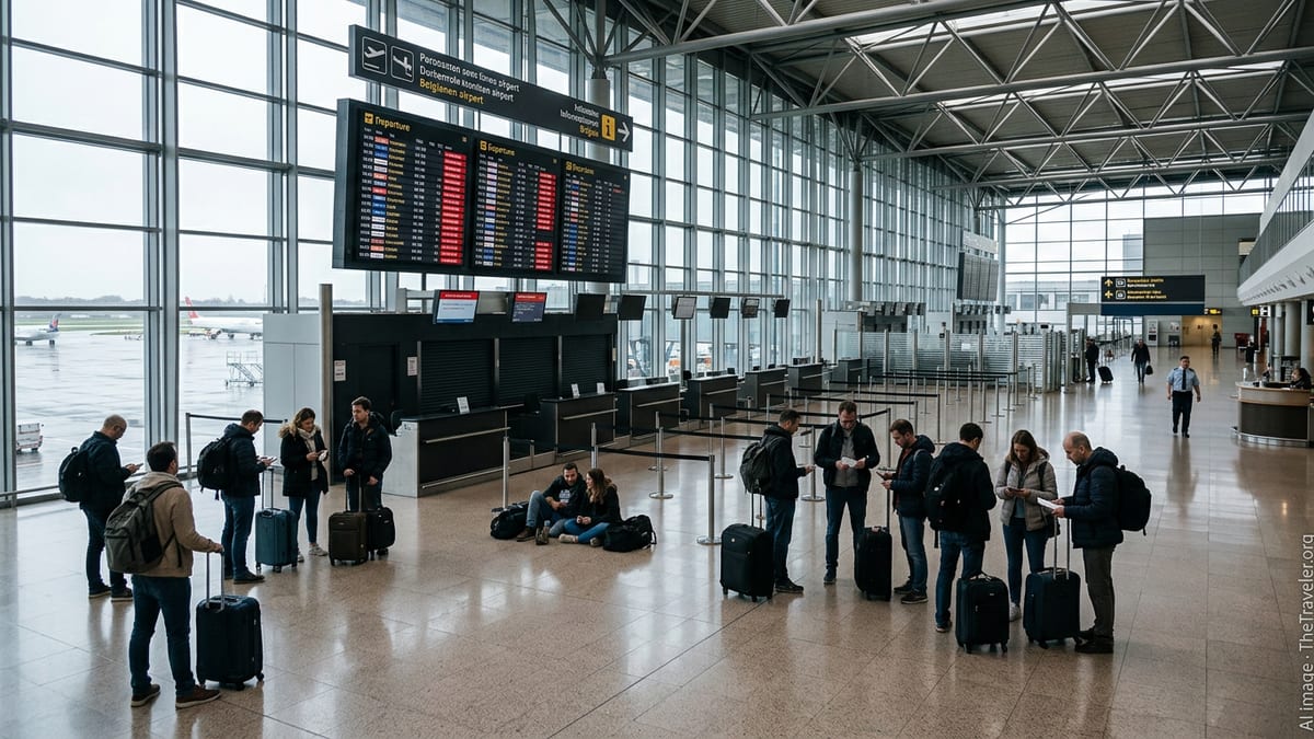 Stranded passengers stand in a mostly closed Brussels Airport departures hall with cancelled flights on the screens.