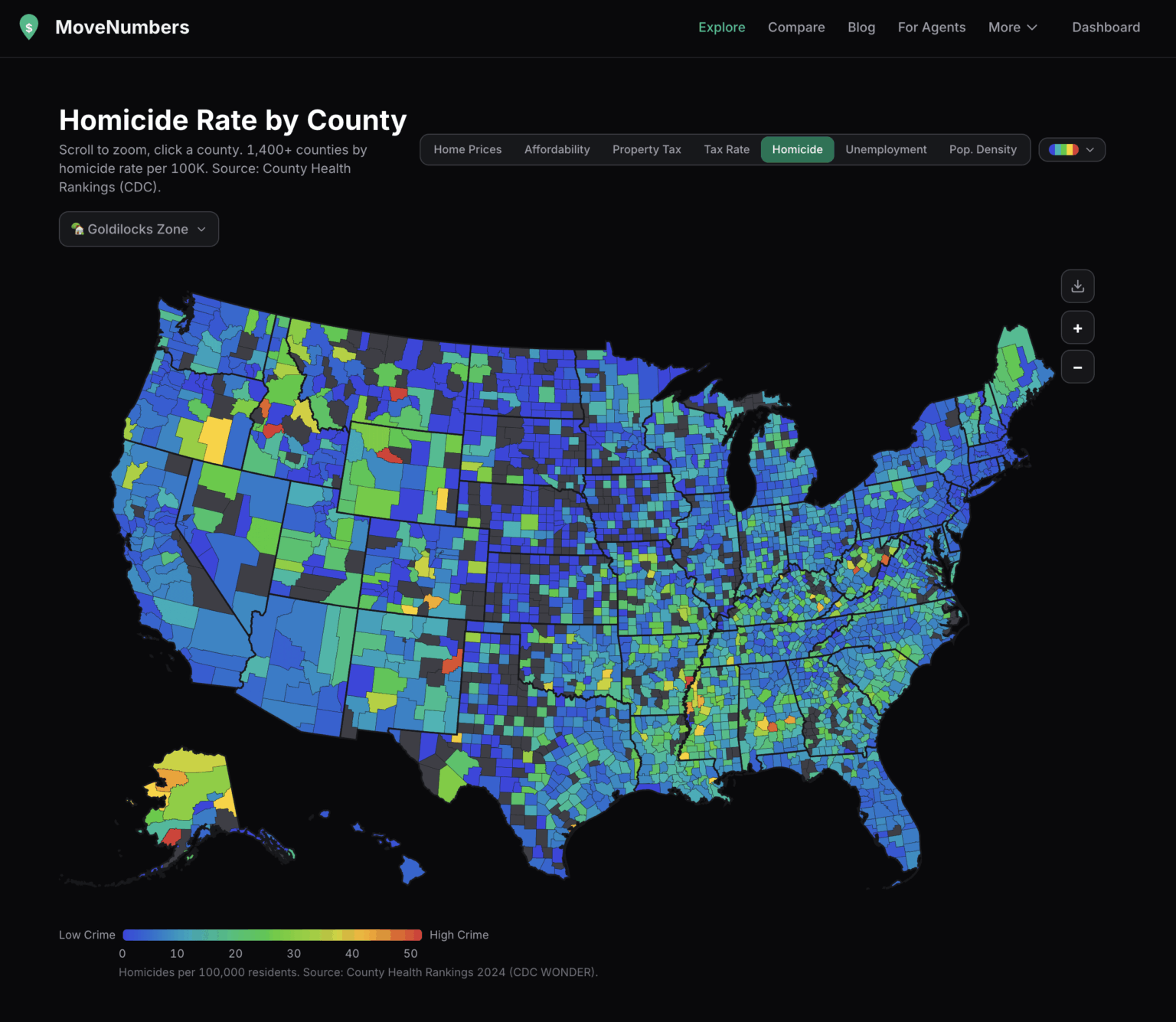 violent crime rate by county across the US [OC]