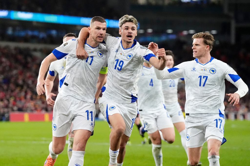 Bosnia and Herzegovina's Edin Dzeko celebrates with teammates after scoring the first goal against Wales.