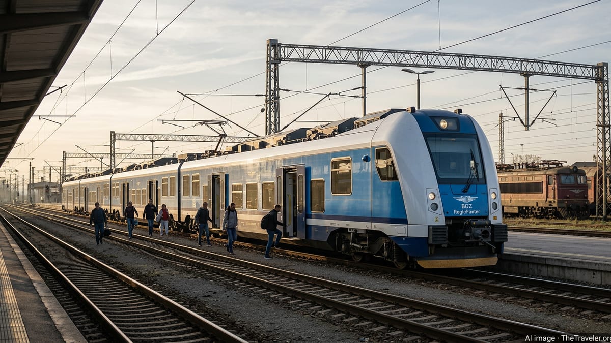 New RegioPanter electric train at a Bulgarian station platform with passengers boarding.